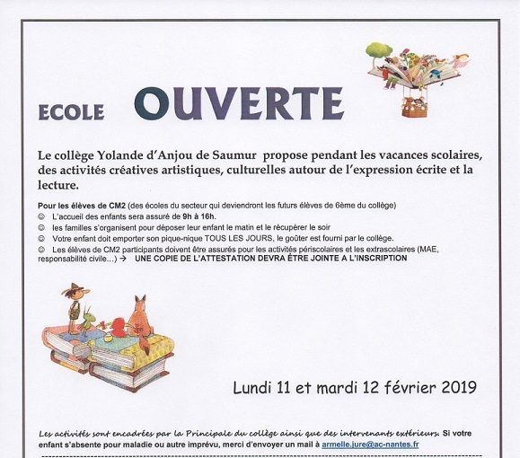 Ecole Ouverte au collège Yolande d’Anjou – Vacances de Février 2019